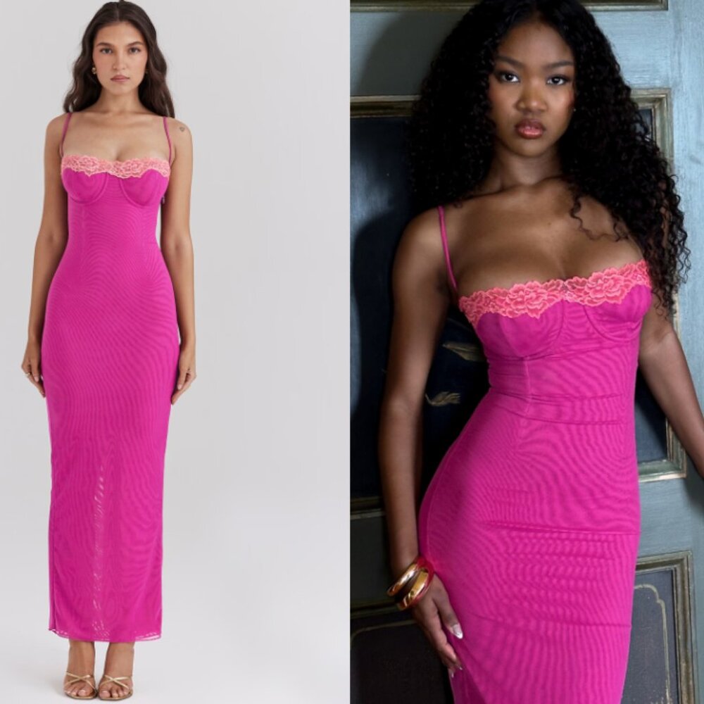 HOUSE OF CB 'Aiza' Raspberry Lace Trimmed Maxi Dress NWOT